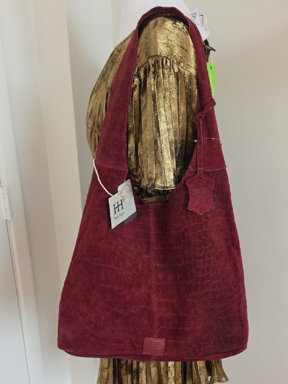 Handmade Suede Croc-Embossed Hobo Bag - Burgundy - Picture 6 of 7